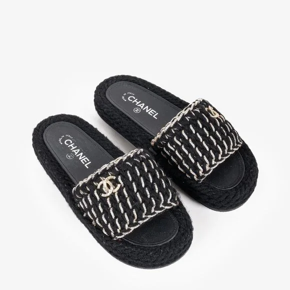 CHANEL Shoes Chanel 222 Cc Black Knit Slide Sandals Poshmark